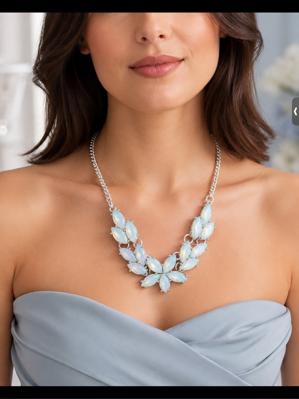 Chain Necklace with Light Blue Gem Leaf Accents